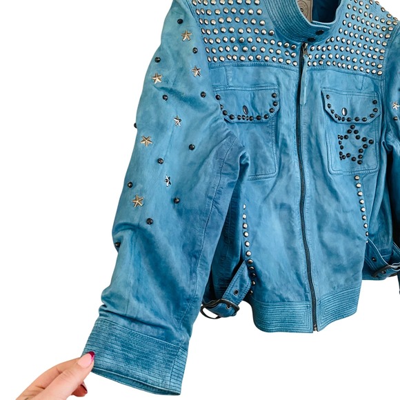 Double D Ranch RARE Turquoise Studded Star Accent Genuine Leather Cropped Jacket - Picture 5 of 10